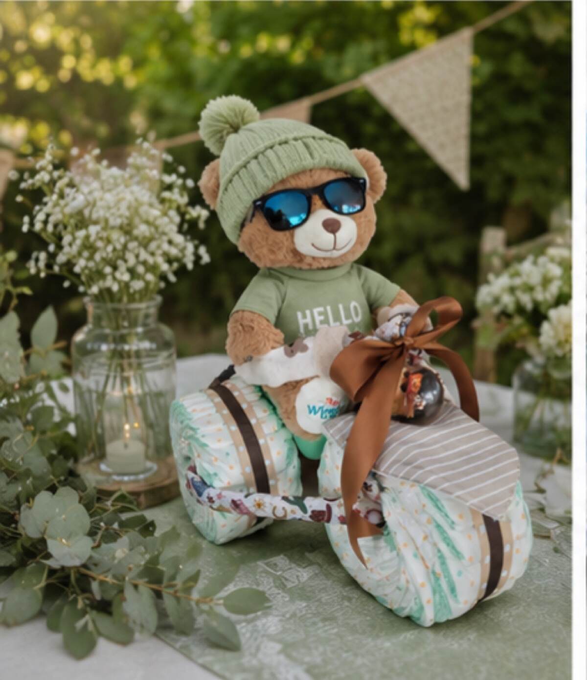 Nappy trike design, a teddy in a sage beanie riding a tricycle built from rolled nappies