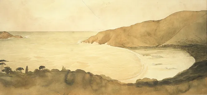 Watercolour catalogued as Ocean Bay, attributed to William Fox: beach, water, hills and small dwellings.