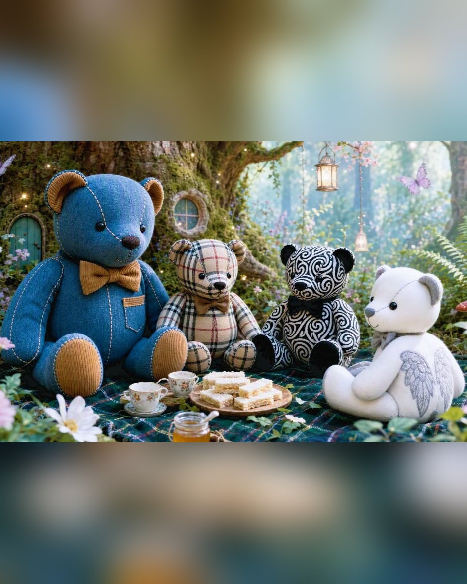 Four boy memory bears at a picnic: a blue bear with a bow tie, a tartan bear, a black and white bear and a white bear