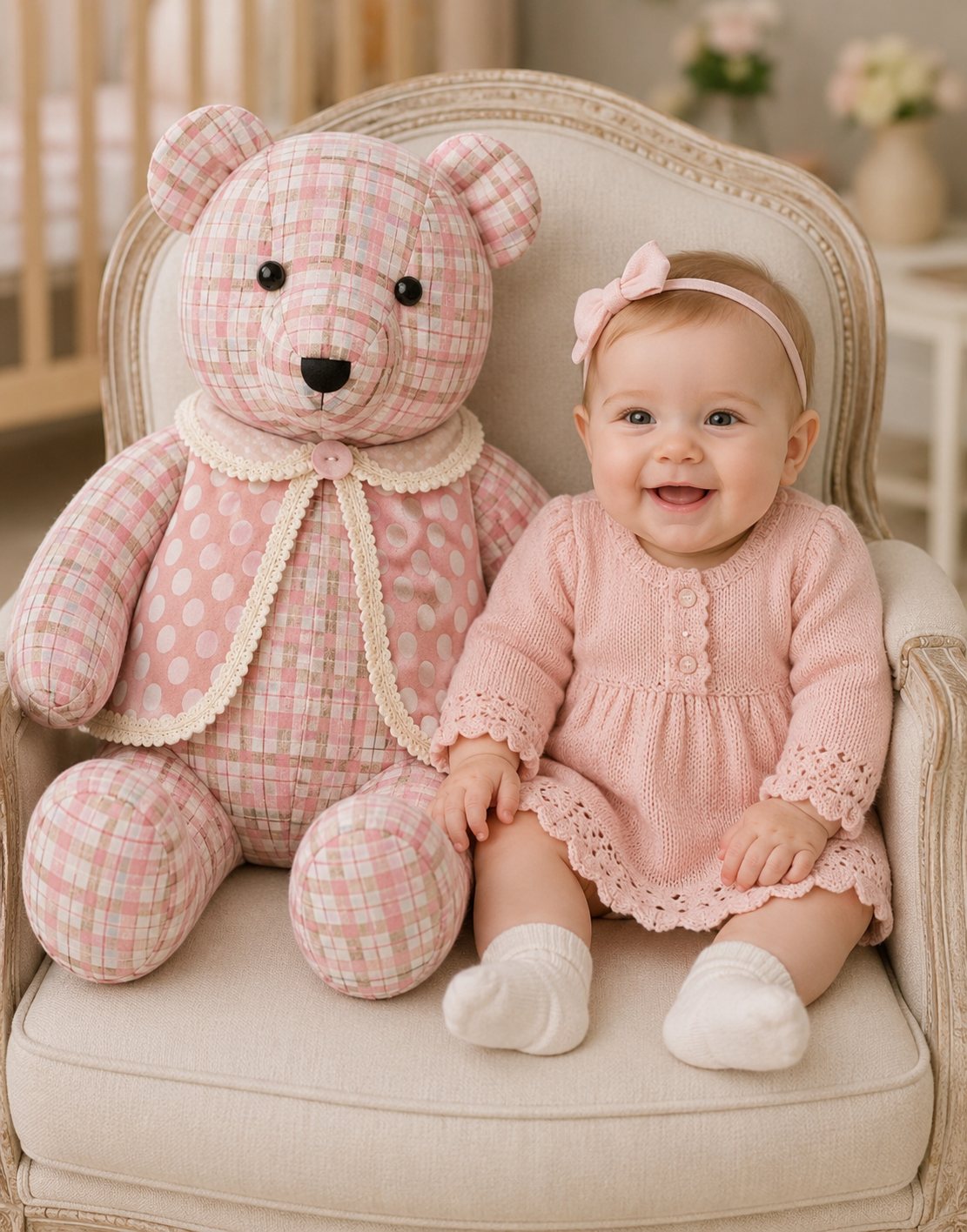 Pink Spots memory bear in pink check with a spotted waistcoat, sitting in an armchair beside a smiling baby