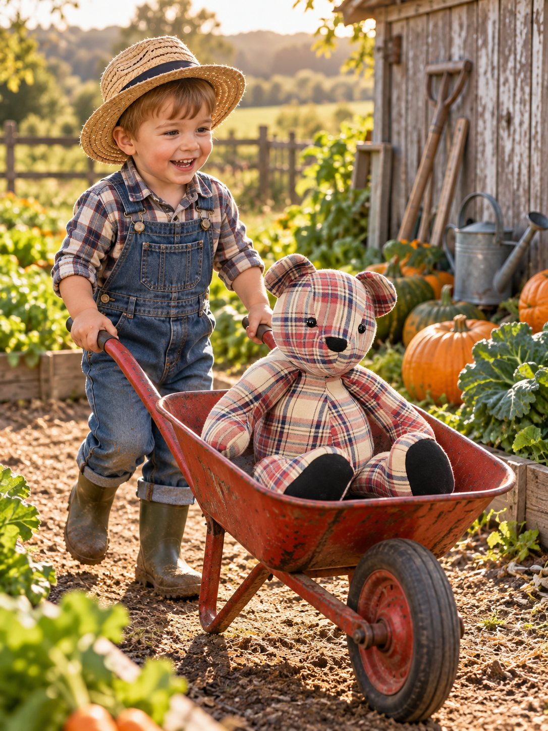 A tartan memory bear riding in a red wheelbarrow in a vegetable garden