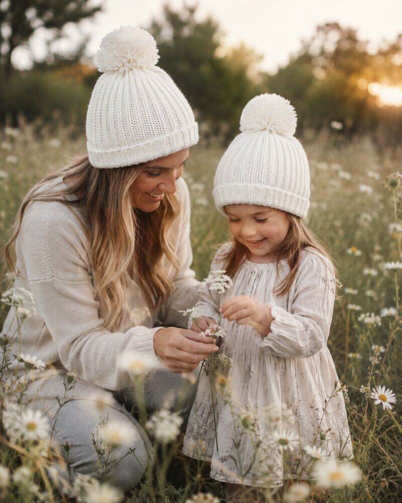 White Knitted Beanies shown worn