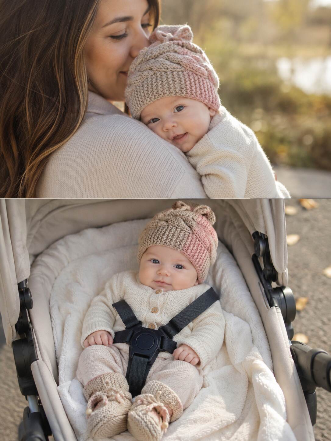 Blush & Oatmeal Cable Beanie & Booties shown worn